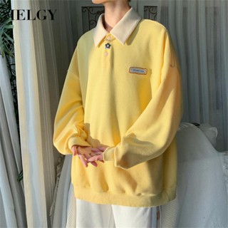 IELGY เสื้อยืดลําลอง แขนยาว คอปกโปโล ทรงหลวม เข้ากับทุกการแต่งกาย แฟชั่นสําหรับผู้ชาย