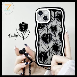 Zymello เคส OPPO Reno8 T 5G Reno8 Z 5G Reno7 Z 5G Reno 8 5G Reno 6 5G Reno 5 5G Realme C35 C15 C12 C21Y C11 2021Narzo-50 เคสโทรศัพท์ซิลิโคนลายดอกทิวลิปสีดำหยักใส