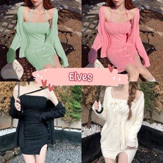 Elves✨พร้อมส่ง✨ ชุดมินิเดรสไหมพรม  สายผูกได้หลายแบบ (ขายเฉพาะเดรส) มีทั้ง4สีพาสเทล ~U043~