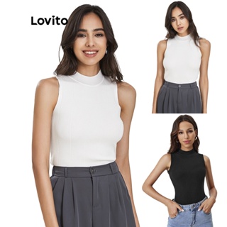 【เซเลปเลือก】Lovito 2 ชิ้นเสื้อสเวตเตอร์คอสูง เเขนกุด L02117 (สีขาว/สีดํา)