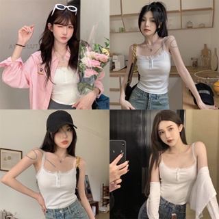 เสื้อสายเดี่ยว แขนกุด ลําลอง แบบเข้ารูป สีหวาน แฟชั่นฤดูร้อน สําหรับผู้หญิง