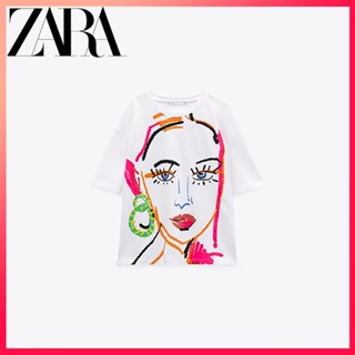 Zara ใหม่ เสื้อยืดลําลอง แขนสั้น พิมพ์ลายกราฟฟิตี้ สําหรับสตรี