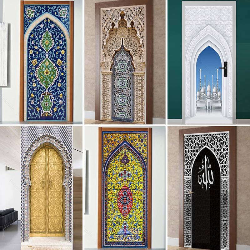 Custom PVC Self-กาวที่ถอดออกได้มุสลิมอาหรับสติกเกอร์ประตูAllahuอิสลามวอลล์เปเปอร์ห้องนั่งเล่นประตูDecal 3Dสติ๊กเกอร์ติดผนัง