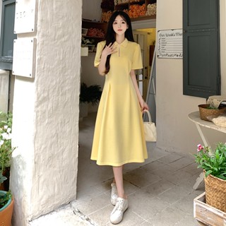 Large French polo neck zippered dress summer waist long dress for women