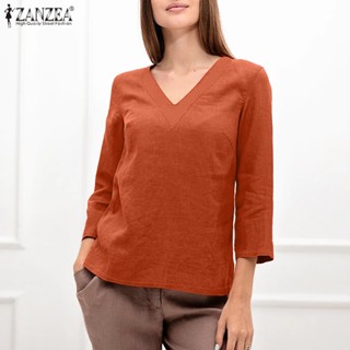 Zanzea เสื้อเบลาส์ คอวี แขน 3/4 สีพื้น สไตล์ยุโรป เรียบง่าย สําหรับผู้หญิง