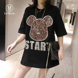 LeMetis เสื้อยืด ผ้าฝ้าย ทรงหลวม ลายเพชร วิบวับ สตรีทแวร์ น่ารัก