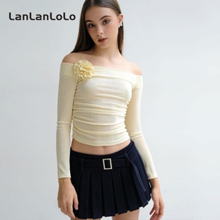 Lanlanlolo เสื้อยืดลําลอง แขนยาว เปิดไหล่ ลายดอกไม้ สีพื้น สําหรับสตรี 2023