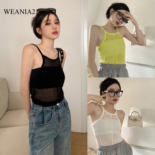 Weania2 เสื้อครอป แขนกุด ผ้าถัก สีพื้น สไตล์เกาหลี สําหรับผู้หญิง