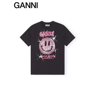 Ganni ใหม่ เสื้อยืดลําลอง แขนสั้น คอกลม พิมพ์ลายหน้ายิ้ม สีรุ้ง ทรงหลวม สําหรับสตรี