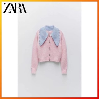 Zara เสื้อคาร์ดิแกน กระดุม ประดับอัญมณีถัก