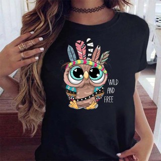 Maycaur Women Tops New Trend Cute Owl Print Ladies T-shirt Casual Basics O-neck Black Shirt Short Sleeve Lady Tshir_03