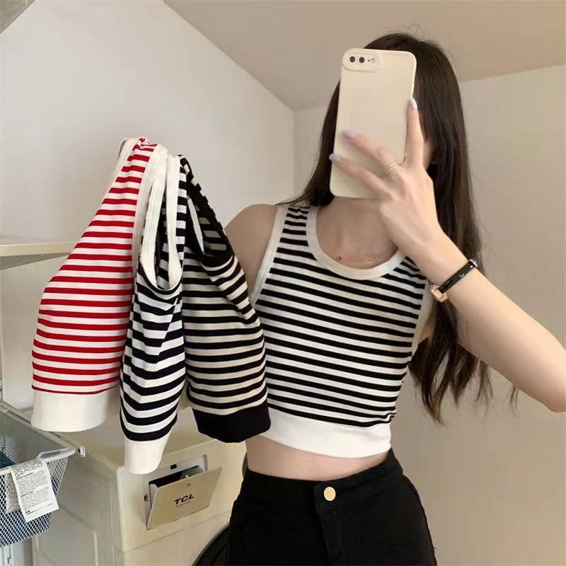 เสื้อชั้นในสตรีลายทาง สวมด้านนอกแบบบางสวมใส่ด้านใน ห่อเสื้อครอปแขนกุด ผ้านิ่มใส่สบาย swoan130