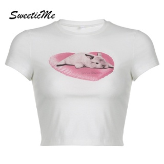 Sweeticme ใหม่ เสื้อยืดลําลอง แขนสั้น คอกลม เข้ารูป พิมพ์ลาย แฟชั่นสําหรับสตรี 2023