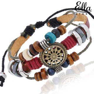 Ellastore123 สร้อยข้อมือ กําไลข้อมือหนังถัก ประดับลูกปัดไม้ สามชั้น สไตล์วินเทจ ปรับได้ สําหรับผู้ชาย ผู้หญิง