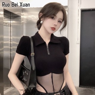 RUO BEI XUAN เสื้อยืดสตรีสไตล์เกาหลีใหม่เสื้อโปโลคอตั้งซีทรูตาข่ายเซ็กซี่จั๊มสูทด้านบน