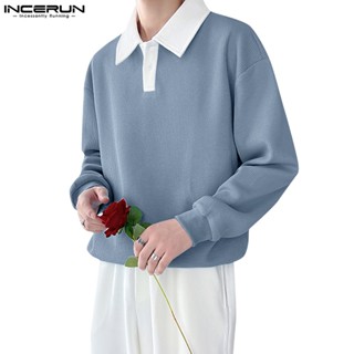 Incerun เสื้อโปโลลําลอง แขนยาว แผงวาฟเฟิล สีตัดกัน