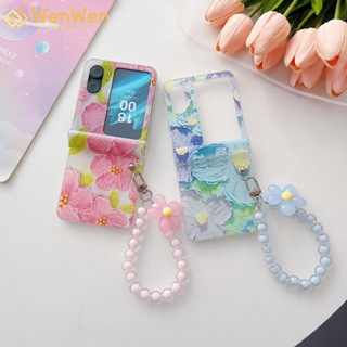 Wenwen เคสโทรศัพท์มือถือ ฝาพับ ลายดอกไม้ สีชมพู สีน้ํามัน สีฟ้า พร้อมจี้สร้อยข้อมือ แฟชั่น สําหรับ OPPO Find N2