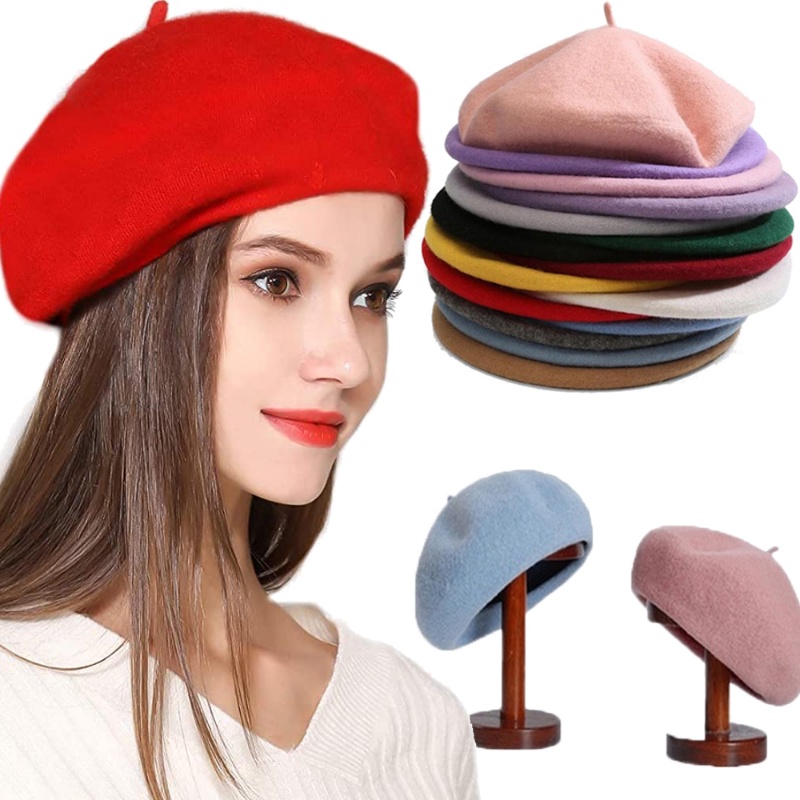 หมวกเบเร่ต์ ผ้าวูล สีพื้น หรูหรา เข้ากับทุกการแต่งกาย แฟชั่นฤดูใบไม้ร่วง และฤดูหนาว สไตล์ฝรั่งเศส สําหรับผู้หญิง