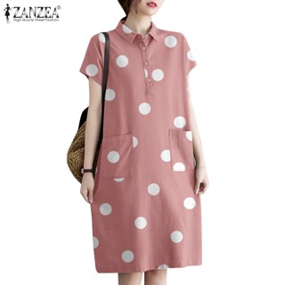 ZANZEA Women Fashion Polka Dot Print Polo Collar Loose All-matching Shirtdresses