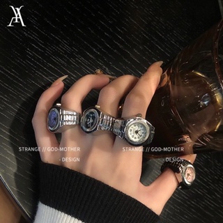 AY（CN）Punk Vintage Quartz Watch Rings Hip-Hop Adjustable Elastic Stretchy Round Square Shape Ring Jewelry Accessories