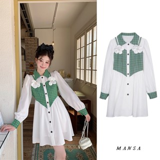 MANSA Green Plaid Floral Dress เดรสผู้หญิง ชุดเดรสยาว เดรสลายสก็อต