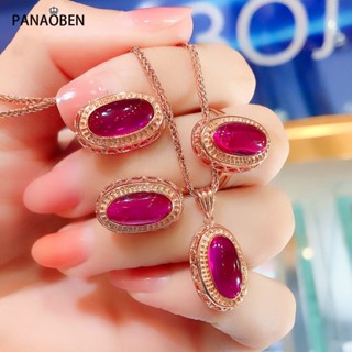 Panaoben♥ เครื่องประดับ สร้อยคอ ต่างหู แหวนทับทิม ชุบทอง 14K สีโรสโกลด์ 585 หรูหรา สําหรับผู้หญิง