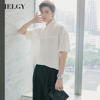 IELGY เสื้อเชิ้ตแขนสั้น ผ้าเดรป แบบบาง ทรงหลวม สไตล์เกาหลี สําหรับผู้ชาย