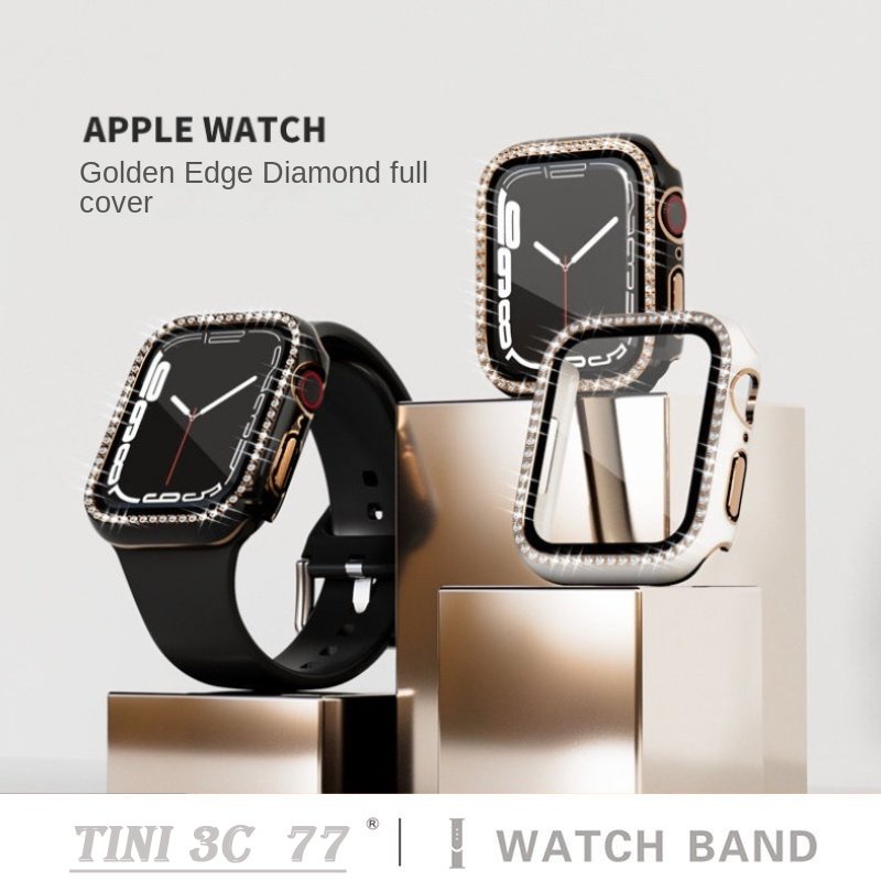 สําหรับ Apple Watch Series 9 8 7 6 5 4 S9 SE Gold Edge Diamond Case One Piece Tempered Film Case Ant