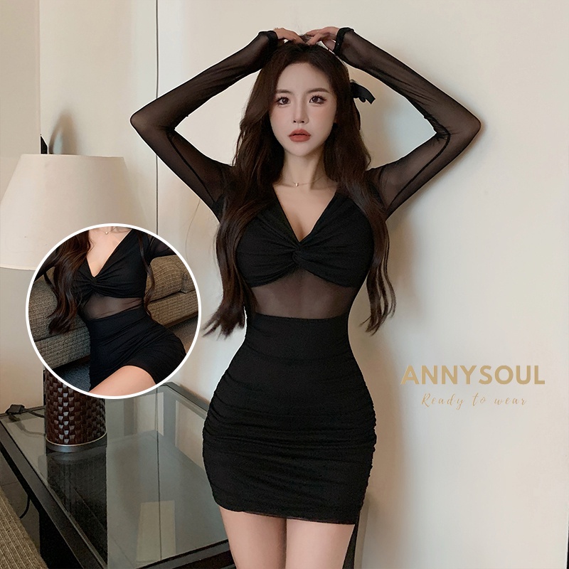 สีดำเดรสทรงเอ เดรสสีดำ  สุดเซ็กซี่ เสื้อสายฝอ สไตล์เกาหลี มาใหม่ เดรสคอวีเเขนยาว