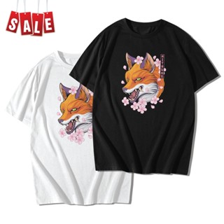 เสื้อยืดผ้าคอตตอน เสื้อไม่ต้องรีด เสื้อยืดผ้าฝ้าย แขนสั้น KITSUNE สุนัขจิ้งจอก เสื้อยืดแขนสั้นคอกลม Cotton 100% สกรีนลาย