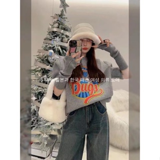 Rabbit Gray Cartoon Print Short-sleeved Knitwear Women 2023 Spring New Slim All-Match Sweater