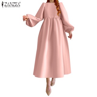 CELMIA ZANZEA Women Puff Long Sleeve Maxi Dress Crewneck Party Casual Loose Pleated Long Dresses