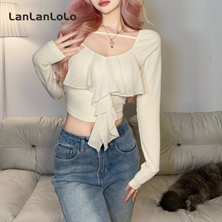 Lanlanlolo เสื้อครอปแขนยาวเซ็กซี่ สีพื้น แฟชั่นสําหรับผู้หญิง 2023