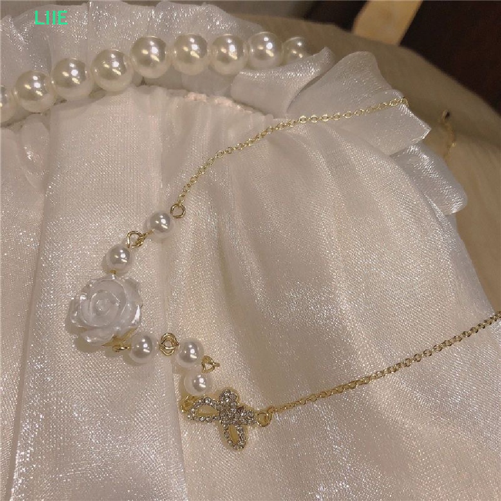 LI 1 ชิ้น/คู่แฟชั่นประณีต Simple Pearl Chain สร้อยคอดอกไม้จี้อเนกประสงค์ High Sense ต่างหู Ch หญิงคอ