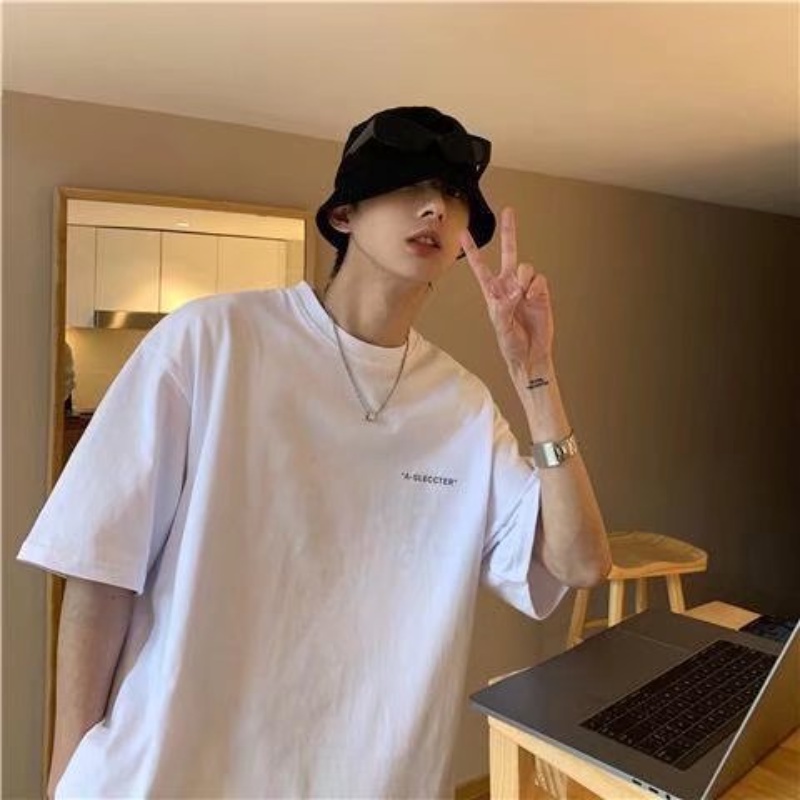 สไตล์ฮ่องกง ins Harajuku Half-Sleeved เสื้อยืดผู้ชายหลวม All-Match เสื้อผ้าผ้าฝ้ายแท้ครึ่ง @