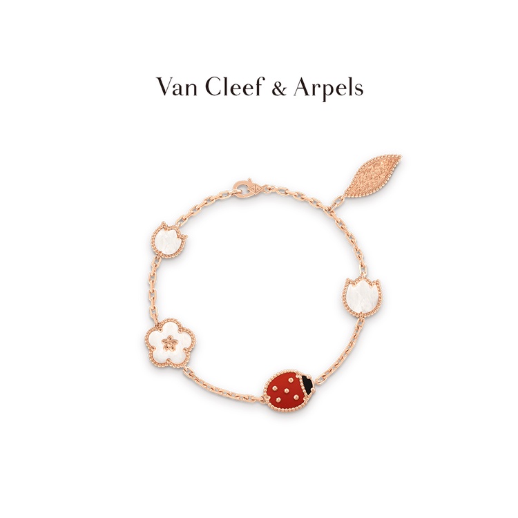 [พร้อมกล่องบรรจุภัณฑ์] Vca Van Cleef &amp; Arpels Lucky Spring Ladybug Rose Gold สร้อยข้อมือ รูปหมู ดอกไม้