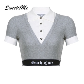 Sweeticme ใหม่ เสื้อยืดลําลอง แขนสั้น คอปก ทรงสลิม แฟชั่นสําหรับสตรี 2023