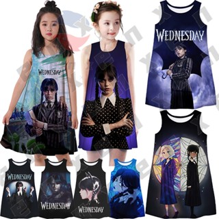 Enx Wednesday Addams Costume Dress Kids เสื้อยืด พิมพ์ลายตัวอักษร 3D น่ารัก แฟชั่น สําหรับเด็กผู้หญิง อายุ 3-13 ปี