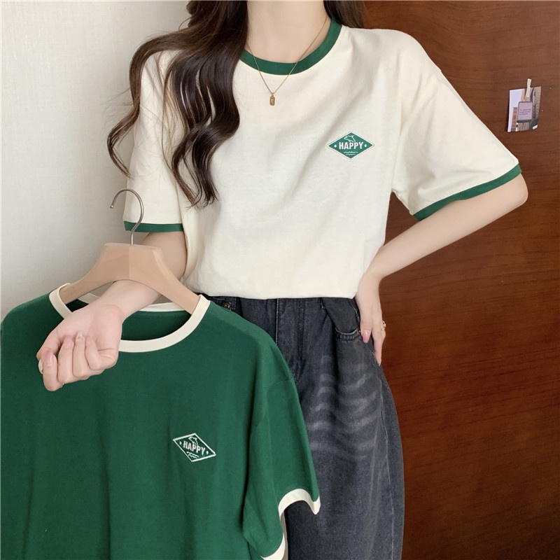 ฤดูร้อนใหม่ คอกลม ตัดกัน หลวม ลําลอง แขนสั้น เสื้อยืดผู้หญิง