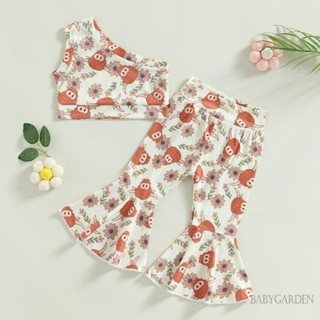 Babygarden-9m-5y ชุดเสื้อผ้าเด็ก เสื้อกล้าม เปิดไหล่ข้างเดียว พิมพ์ลายหัวกระทิง และกางเกงขาบาน ยืดหยุ่น ลําลอง แฟชั่นฤดูร้อน สําหรับเด็กผู้หญิง