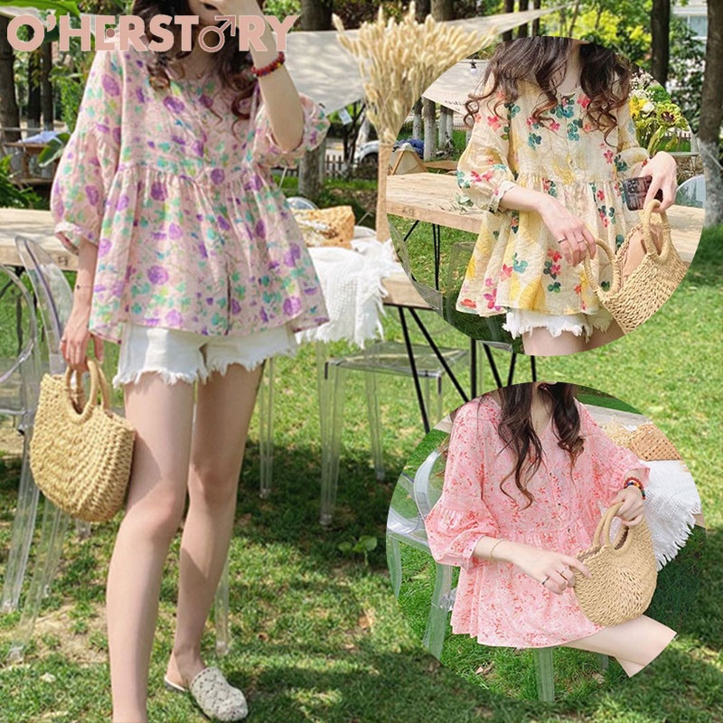 เสื้อตุ๊กตาลายดอกน่ารักๆ เเขนตุ๊กตา เสื้อครอปแขนสั้นแฟชั่นผู้หญิง ใส่ไปเทียว หรือใส่อยู่บ้านน่ารักๆ สินค้าพร้อมส่ง