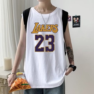 เสื้อกล้ามลําลอง คอกลม แขนกุด พิมพ์ลาย Lakers แฟชั่นฤดูร้อน สไตล์เกาหลี สําหรับผู้ชาย มีสีดํา สีขาว