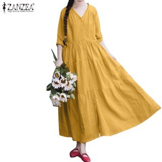 Zanzea ชุดเดรสแขนยาว คอวี ผ่าข้าง หลายชั้น แฟชั่นสตรี