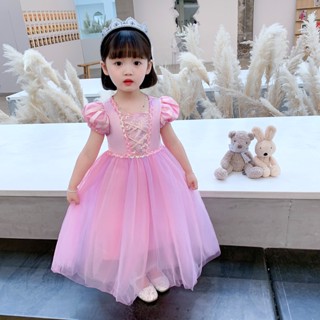 Rapunzel ชุดเดรสแขนสั้น ผ้าไหม ลายดอกไม้ สีชมพู สีม่วง สําหรับเด็กผู้หญิง C033