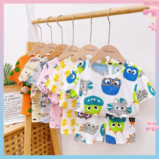 Baby short-sleeved suit pure cotton infant cartoon boys home clothes female childrens leisure childrens two-piece suit