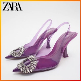 Zara รองเท้ามุลเลอร์ ส้นสูง ฝังสีม่วง แฟชั่นฤดูใบไม้ร่วง สําหรับผู้หญิง 2224010 075