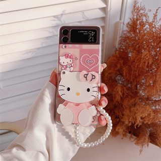 เคสโทรศัพท์มือถือ PC แข็ง แบบฝาพับ ลายการ์ตูนคิตตี้ พร้อมกระจกตั้งได้ สําหรับ Samsung Galaxy Z Flip 3 Z Flip 4 W23 ZFlip3 ZFlip4