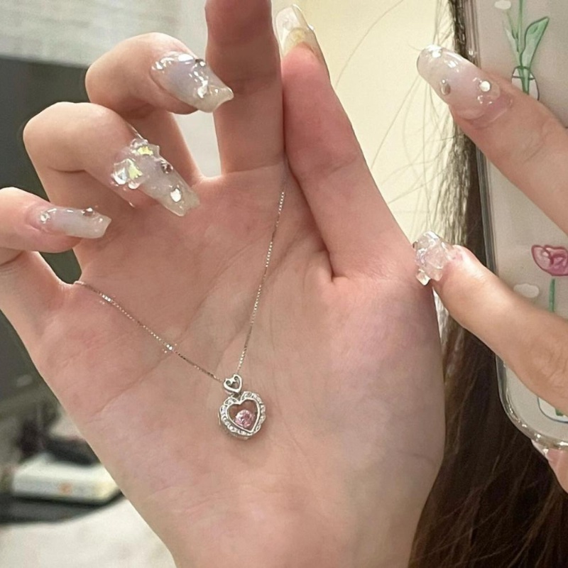 【MHANG】สร้อยจี้หัวใจเพชรแฟชั่น สร้อยคอเพชรหัวใจเงิน สร้อยคอจี้หัวใจเพชรสีชมพู เครื่องประดับ ของขวัญให้แฟน