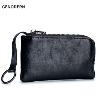 GENODERN Oil Wax Retro Coin Purse with Keychain Mens Cowhide Coin Holder Storage Bag