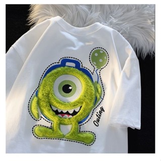 100% cotton one-eyed little monster embroidery short-sleeved T-shirt men and women lovers summer loose half-sleeved top